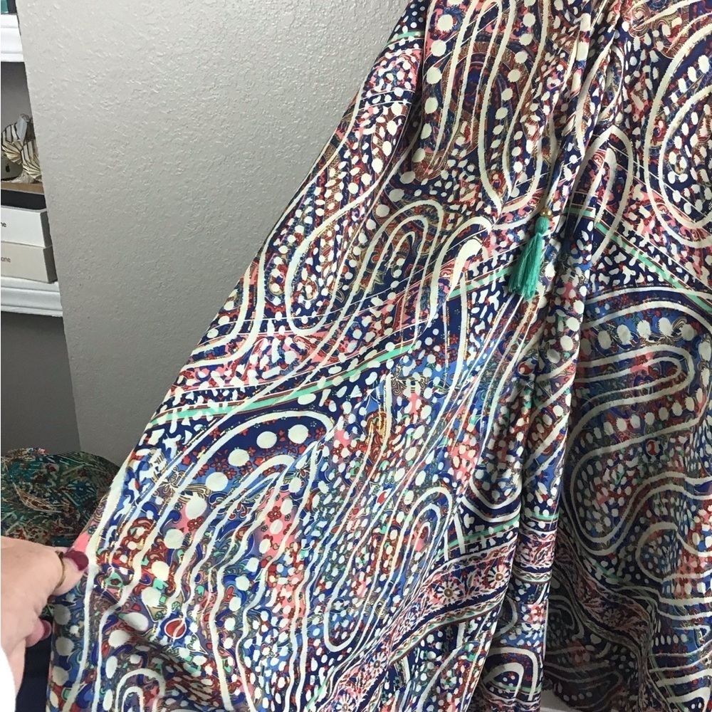 Bigg Bull Silk Boho Backless Halter Maxi Dress Green Blue Gold Metallic - Picture 10 of 13